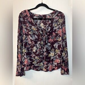 🛍️American Eagle Outfitters Large Burgundy Floral Long Sleeve Tie Front Blouse